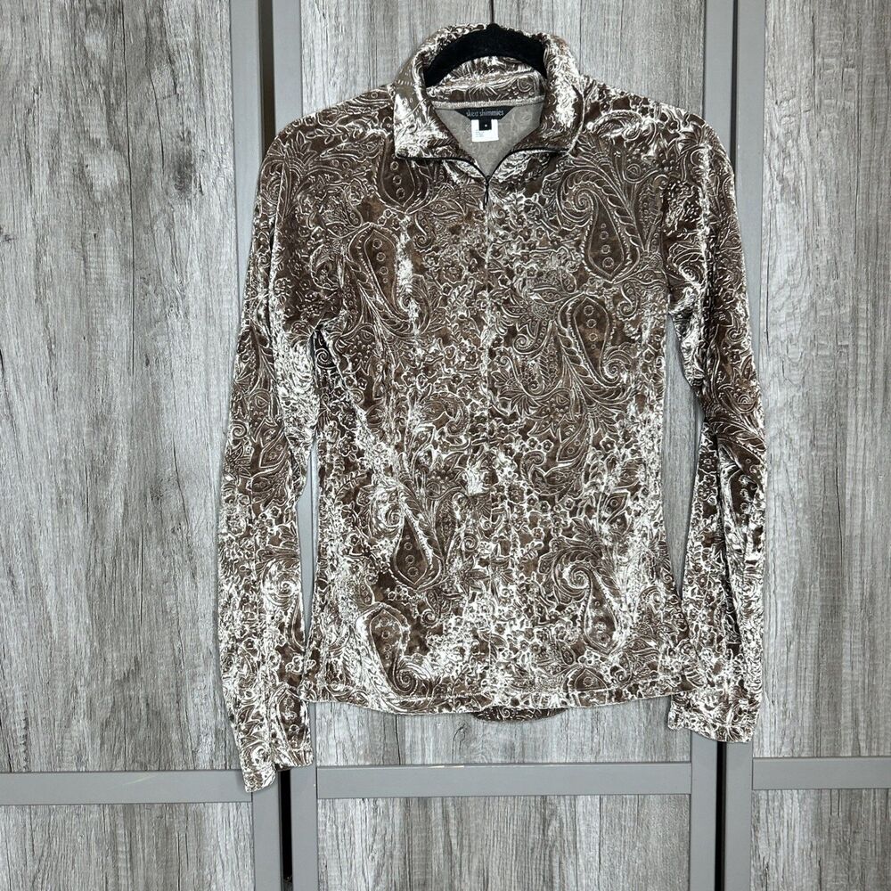 Vtg Skea Shimmies Top Small Half Zip Paisley Velvet Mock Neck Olive Brown